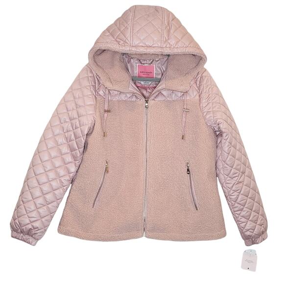 Kate Spade New York Hooded Faux Fur Quilt Jacket in Soft Rose,  Size Large, NWT - Picture 2 of 11